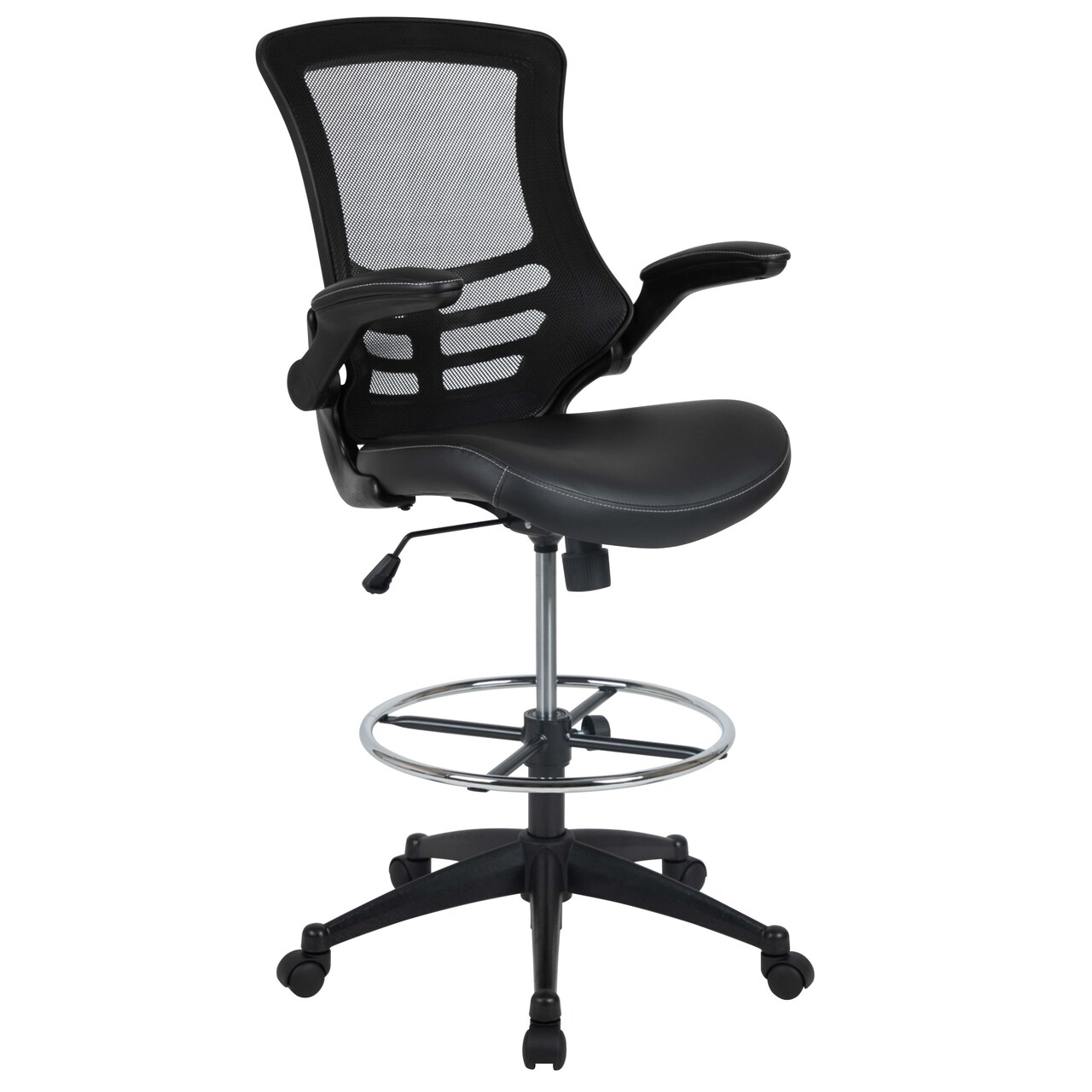 Emma and Oliver Mid-Back Mesh Ergonomic Drafting Chair with Foot Ring and Flip-Up Arms
